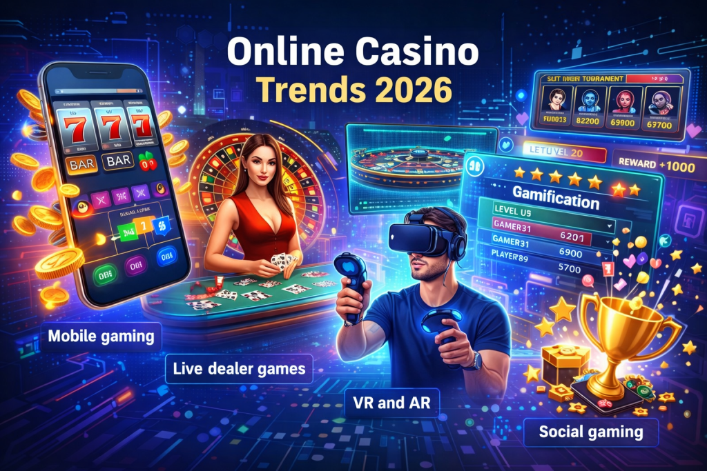 ภาพรวมเทรนด์คาสิโนออนไลน์ปี 2026 แสดง Mobile Gaming, Live Dealer, VR and AR, Social Gaming พร้อมตัวละครและอุปกรณ์เกมมิ่งสมัยใหม่